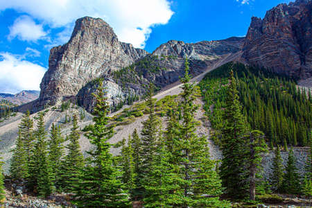 Coast of the mountain lake Moraine. The magnificent Canadian Rockies. Travel to northern Canada. Cloudy and cold autumn day.の写真素材