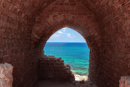 Picturesque ruins of the medieval citadel of Arsuf and the Crusader Fortress. Apollonia Park,...