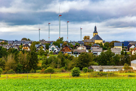 Scenic road to the bridge Geierlay in the countryside. Picturesque Geierlay is the longest cableway suspension bridge. Germany. The Mersdorf stream. Windy and cold autumn dayの写真素材