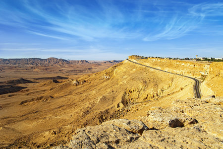 Israel. Perseid Starfall in August. The morning after the starfall. Nice new highway around the crater."Makhtesh Ramon" is an erosion crater in the Negev Desert.の写真素材