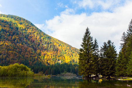 Lake Fuzine. Yellow and orange trees are reflected in the green smooth water of the lake. Alps. Border between Northern Italy and Slovenia.の写真素材