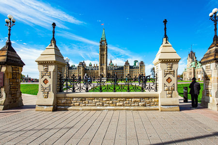 OTTAWA, CANADA - OCTOBER 3, 2015: Great trip to Canada. Ottawa, capitals of Canada, is a clean, political and cultural city. Picturesque East Block of Parliament.のeditorial素材