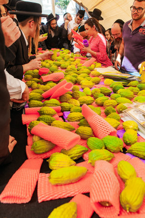 JERUSALEM, ISRAEL - SEPTEMBER 20, 2018: Sukkot is a Jewish holiday. Pre-holiday bazaar for the sale...