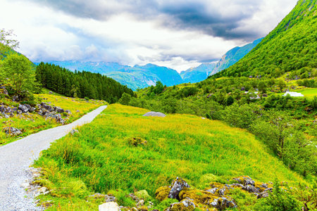 The road to the mountain lake Bondhuswatnet. Journey to the fabulous northern country in the middle of summer. Emerald green of summer grass. Magnificent Norway.の写真素材