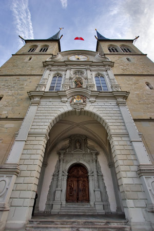 Carved wooden gates cathedral in Lucerneの写真素材