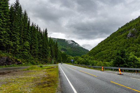 The most picturesque road in Norway. Mountain slopes overgrown with green forests. Summer trip to the north of Europe.の写真素材