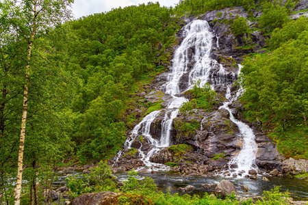 The mountain slopes are overgrown with green forests. Vertical rocky waterfall Flesefossen on the most picturesque road in Norway. Summer trip to the north of Europe.の写真素材