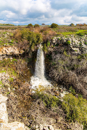 Powerful multi-water waterfall Bazelet. North of the country. Early spring in Israel.の写真素材