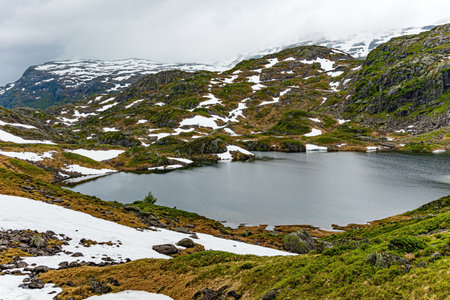 Large snowfields is reflected in the water of the lake. Traveling by camper on road 520. Last year's snow and grey skies. Cold summer in Norway.の写真素材