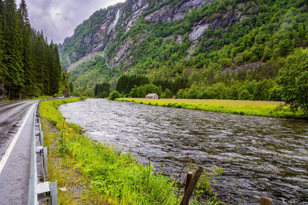 Scenic road in the mountains of Western Norway. Green world of glacial water. Scandinavia. Summer, Julyの写真素材