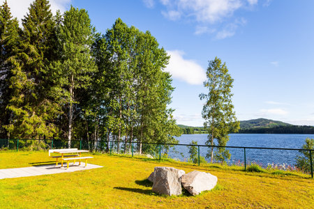 Cozy corner for tourists. Picnic table and benches by the lake. Magical summer morning. Light white clouds in the blue sky illuminated by the sunrise. Warm July in Norway.の写真素材