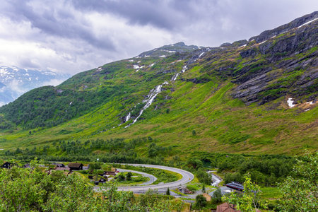 Scenic road in the mountains of Western Norway. Magical journey in the cold northern country. Beginning of the Hardangerfjord. Scandinavia. Summer, Julyの写真素材