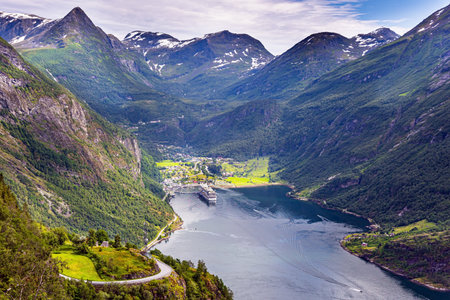 The largest, most beautiful and famous Norwegian fjord Geiranger. Northern Europe. Summer trip to Norway. Warm sunny day in July.の写真素材