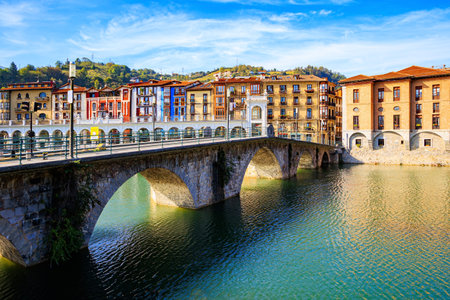 Tholosa is small old town with interesting and unusual architecture. Basque country. Beautiful bridge was built across the river Oria.の写真素材