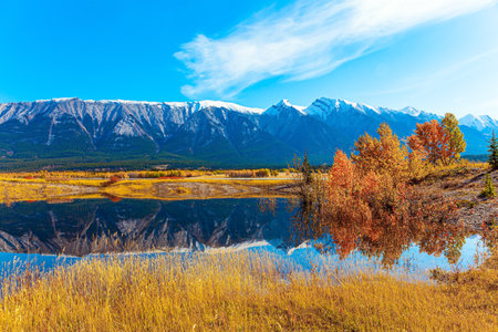 This Abraham Lake with blue water, was formed as a result of the construction of the Bighorn Dam. Gorgeous Canadian autumn. Journey to the Magical Rocky Mountains.の写真素材