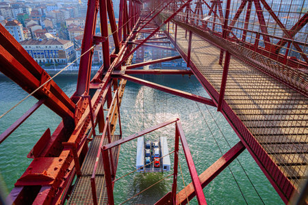 The gondola of Biscay Suspension Bridge in Portugalete. Bilbao, Basque country, Spain. Flying ferry across the Nervion Riverの写真素材