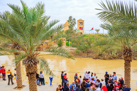 QASR El-YAHUD, ISRAEL - MARCH 2, 2020: Bethabara - the place of the Baptism of Jesus Christ   Large crowd of tourists photograph the site of the Baptism -Bethabaraのeditorial素材