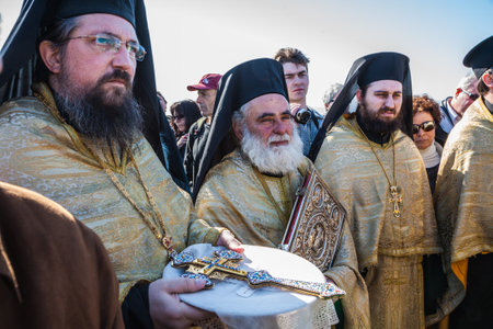 THE BORDER WITH JORDAN, ISRAEL - JANUARY 18, 2008:  Worship are Orthodox priests. The Day of the Christian feast of Baptism of Christ in Jordan Riverのeditorial素材