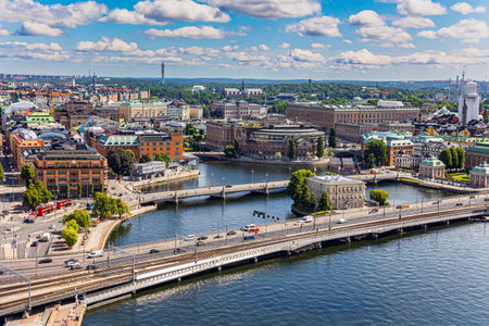 Stockholm is the capital of Sweden. The picture was taken from the observation deck on the bell tower. Hot summer day in Stockholm. Wonderful excursion to the northern capital.の写真素材