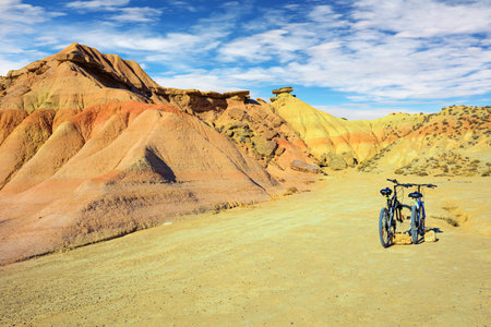 Couple of bicycles are parked. Bardenas Reales, the Spanish province of Navarre.の写真素材