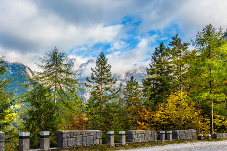 The shores of Lake Jasne. The mountains are overgrown with dense mixed forest. The famous Triglav Park, Slovenia.の写真素材