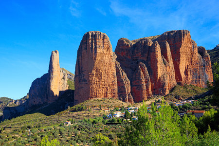The magnificent Mallets of Riglos is a conglomerate of rock formations. Hoya de Huesca, Aragon. Part of the foothills of the Pyrenees. Romantic trip to Spain.の写真素材