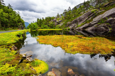Quiet small lake next to the road. Scenic landscape in Western Norway. Summer cold and rainy day. The picturesque road in Norway. The trip to the north of Europe.の写真素材