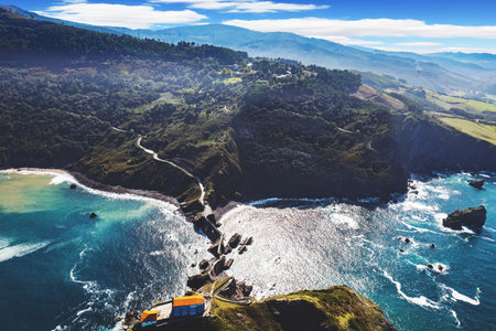 The island Gastelugache. Atlantic coast, Basque Country. Magical unique landscape. Photo taken from a drone. The most extraordinary coast of Spain.の写真素材