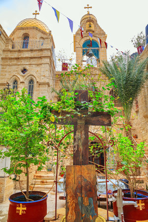 Small courtyard of the monastery. Monastery of St. Gerasim of Jordan. The male monastery of the Jerusalem Orthodox Church in the Judean Desert, near the Dead Sea.の写真素材