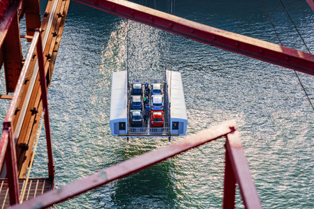 The gondola accommodates cars, motorcycles and people. Biscay Suspension Bridge in Portugalete. Bilbao, Basque country. Flying ferry across the Nervion River.のeditorial素材