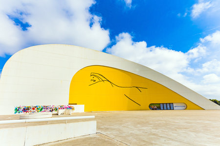 The cultural center of the famous architect Oscar Niemeyer. The town of Avilas in Asturias. North of Spain. The complex consists of several futuristic buildings of white color and various shapes.のeditorial素材