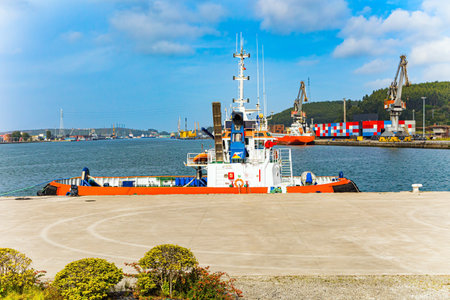 Port at the mouth of the Aviles River. The picturesque town of Avilas in Asturias. North of Spain. International cultural center of the famous architect Oscar Niemeyer.のeditorial素材