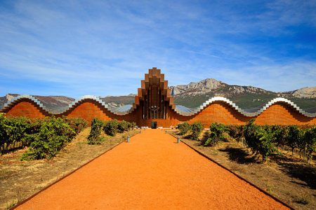 Fantastic beauty. Winery - bodegas. The magnificent modern architecture of Bodegas Ysios. Impressive beautiful landscape.の写真素材