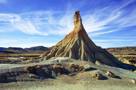 The  rock of Castildetierra. Bardenas Reales, the Spanish province of Navarre. Rock formations are unparalleled in Europe. Journey to the warm Spanish autumnの写真素材