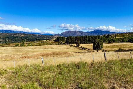 Travel to South America. Argentina. The road passes through picturesque landscapes. Lakes, fields, forests and mountains surround the famous highway 40の写真素材