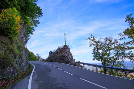 Observation point on the highway shows a beautiful green landscape. Mirador de Lizarraga. Warm autumn day. Journey to beautiful Spain.の写真素材