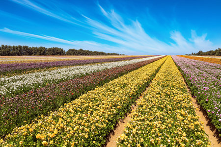 Picturesque large garden flowers of bright colors are planted in wide stripes. Huge field of colorful buttercups. Spring in the south of Israel. Warm sunny spring dayの写真素材
