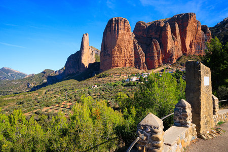 Part of the foothills of the Pyrenees. The magnificent Mallets of Riglos is a conglomerate of rock formations. Romantic trip to Spain. Hoya de Huesca, Aragon.の写真素材