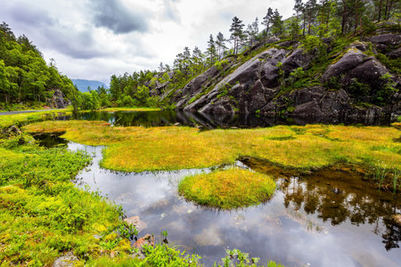 Summer cold and rainy day. Quiet lake next road to Roldal. The picturesque road in Norway. The trip to the north of Europe. Scenic landscape in Western Norway.の写真素材