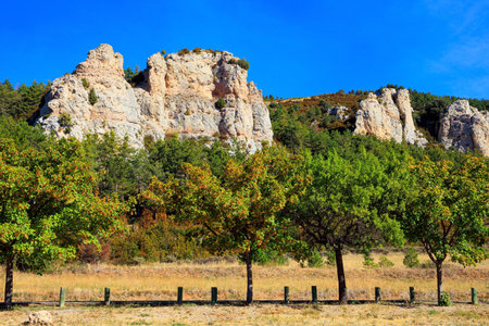 Remains of sandstone rocks. The province of Aragon. Spanish fortress Castle Loarre. The Spanish defensive structure was built  morning sun. Autumn trip to Spainのeditorial素材