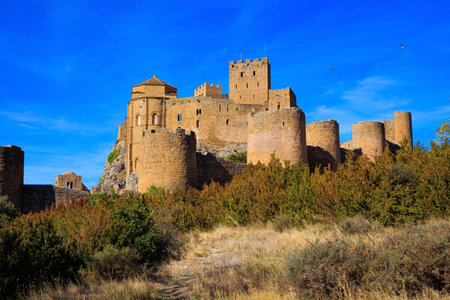 Loarre Castle is a Spanish fortress in the province of Aragon. The Spanish defensive structure was built a thousand years ago. Sunrise. Autumn trip to Spainのeditorial素材