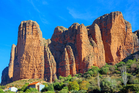 The Mallets of Riglos is a conglomerate of rock formations. Hoya de Huesca, Aragon. Part of the foothills of the Pyrenees. Romantic trip to Spain.の写真素材