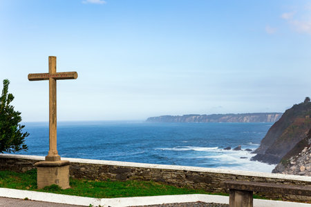 Road to the temple. Atlantic coast, Asturias. Unusual impressive architecture of the Luarca. Romantic trip to Spain.の写真素材