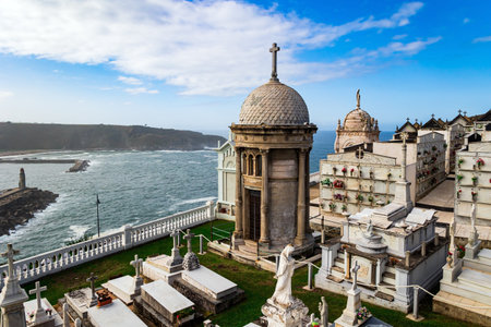 Luarca. The oldest and most beautiful cemetery on the Atlantic Ocean. Ancient cemetery over a cliff. Romantic trip to Spainの写真素材