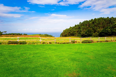 Green rural fields fenced with wooden fences. Picturesque road along the Atlantic Ocean. Romantic trip to Spain. Asturias.の写真素材