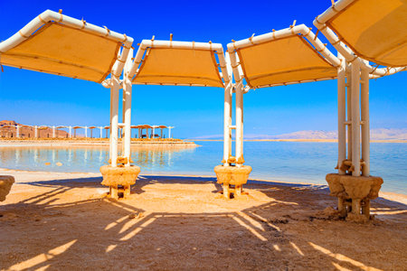 Picturesque gallery on the seashore. Coast of Israel. The drainless salt lake Dead Sea in the Middle East.の写真素材