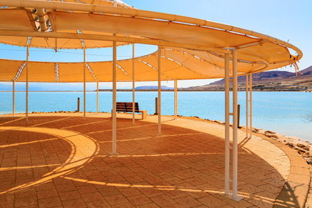 Picturesque gallery on the seashore. Coast of Israel. The Dead Sea. The drainless salt lake in the Middle East. Famous resort in Israelの写真素材