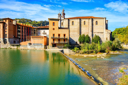 Tholosa is small old town with interesting and unusual architecture. Basque country. Beautiful dam and bridge was built across the river Oria.の写真素材