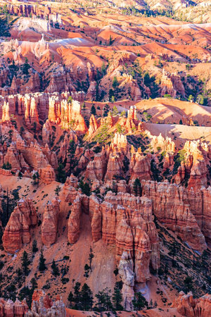 Picturesque giant hoodoos wall. Bryce Canyon, USA. Hoodoos that look like spiers pointing towards the sky. Natural amphitheater created by erosion.の写真素材