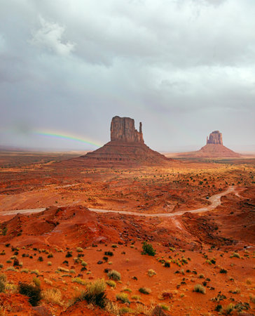 The famous rock Mittens. USA. Navajo Indian Reservations. Monument Valley is a unique geological formation in Arizona and Utah.の写真素材